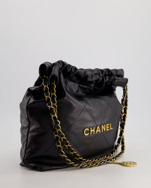 Chanel 22 Small Hobo Bag in Black Shiny Calfskin with Brushed Gold Hardware