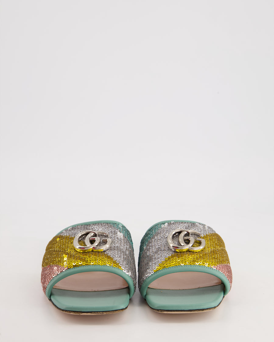 Gucci Multi-Colour Sequin and Turquoise Leather GG Marmont Flats Sandals with GG Logo Detail Size EU 39