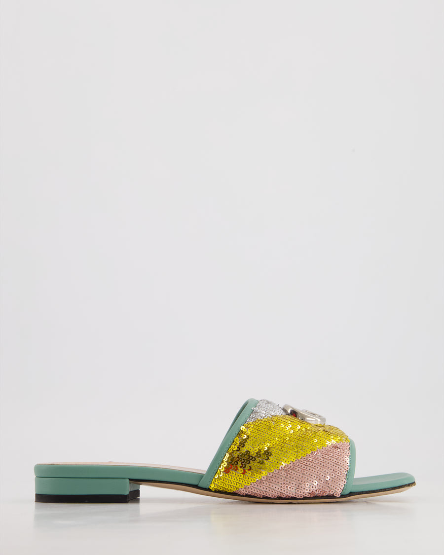 Gucci Multi-Colour Sequin and Turquoise Leather GG Marmont Flats Sandals with GG Logo Detail Size EU 39