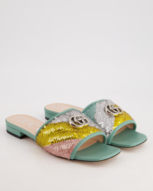 Gucci Multi-Colour Sequin and Turquoise Leather GG Marmont Flats Sandals with GG Logo Detail Size EU 39