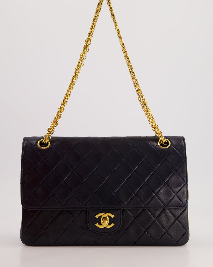 *RARE* Chanel Navy Vintage Classic Medium Double Flap Bag in Lambskin Leather with 24K Gold Hardware & 2.55 Chain Detail