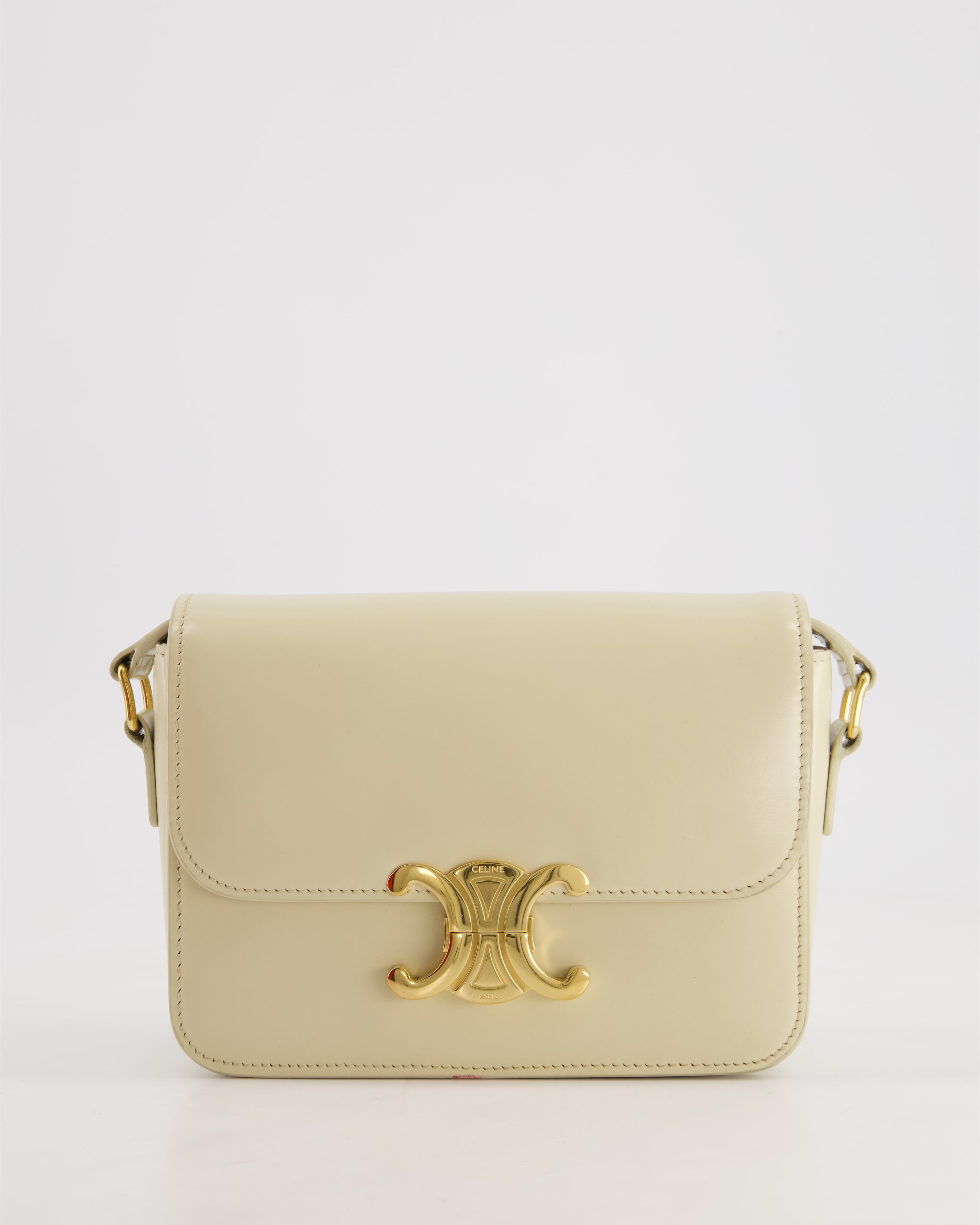 Celine Cream Teen Triomphe Bag in Shiny Calfskin Leather with Gold Har Sellier