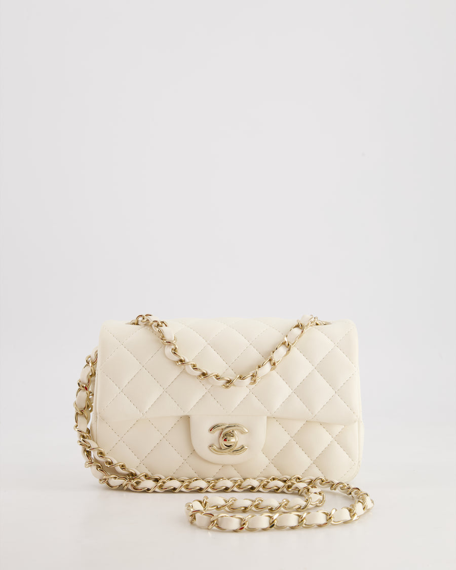 *HOT* Chanel Ivory Mini Rectangular Flap Bag in Lambskin Leather with Champagne Gold Hardware