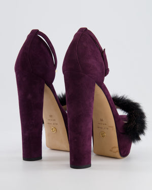 Elie Saab Purple Suede Platform High Heels with Mink Fur Detail Size EU 38