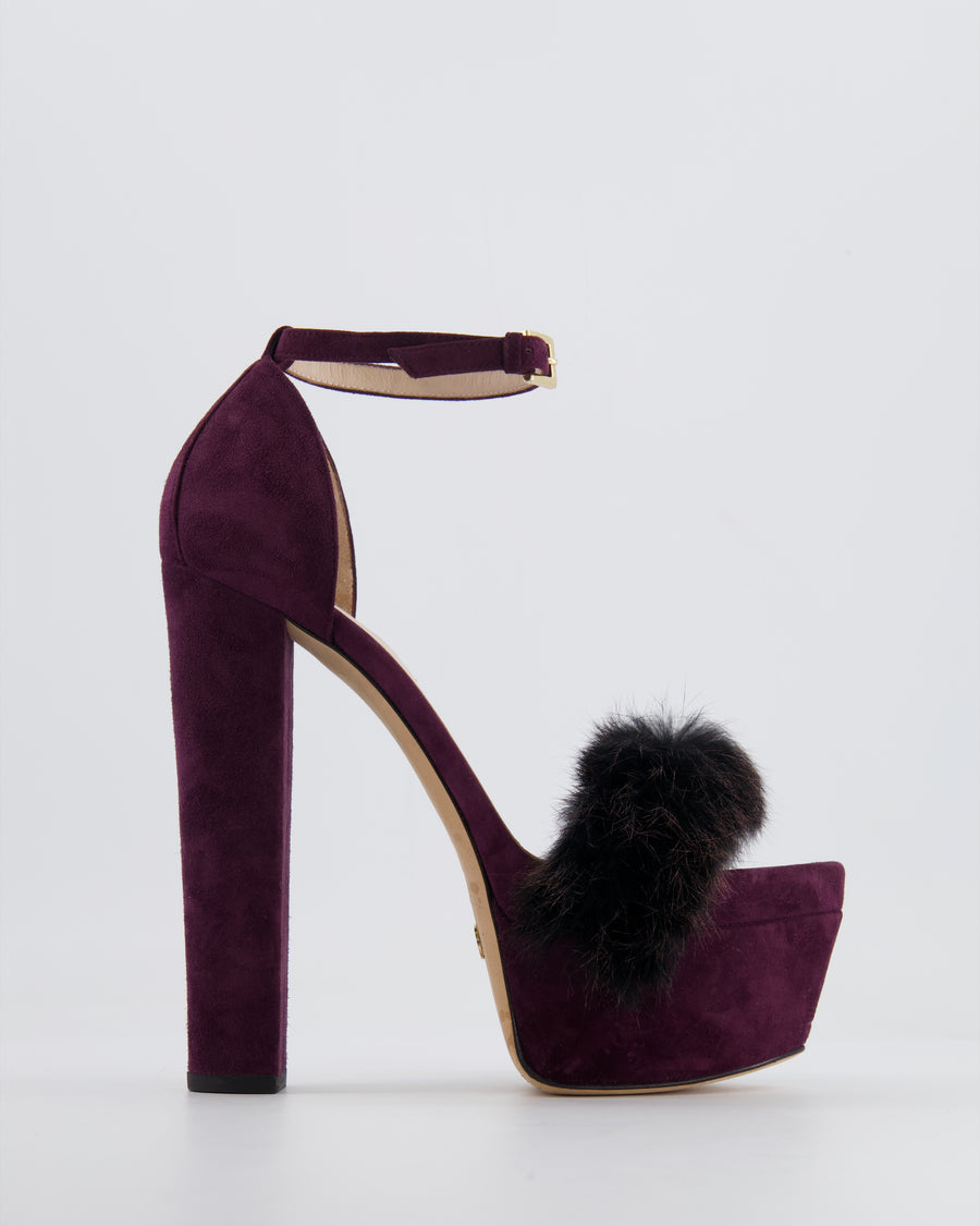 Elie Saab Purple Suede Platform High Heels with Mink Fur Detail Size EU 38