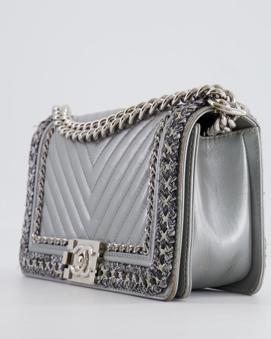 *FIRE PRICE* Chanel Silver Metallic Lambskin Medium Boy Bag with Tweed Detailing and Silver Hardware