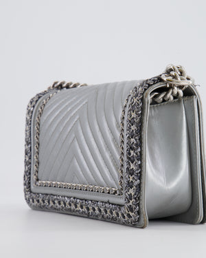 *FIRE PRICE* Chanel Silver Metallic Lambskin Medium Boy Bag with Tweed Detailing and Silver Hardware