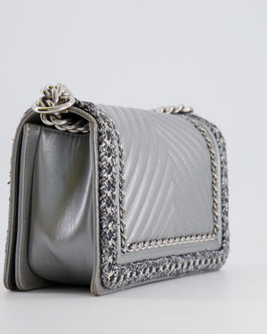 *FIRE PRICE* Chanel Silver Metallic Lambskin Medium Boy Bag with Tweed Detailing and Silver Hardware