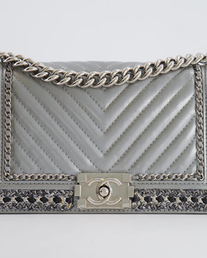 *FIRE PRICE* Chanel Silver Metallic Lambskin Medium Boy Bag with Tweed Detailing and Silver Hardware