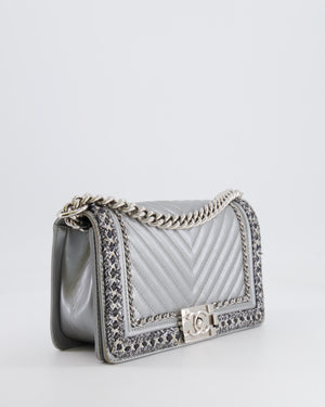 *FIRE PRICE* Chanel Silver Metallic Lambskin Medium Boy Bag with Tweed Detailing and Silver Hardware