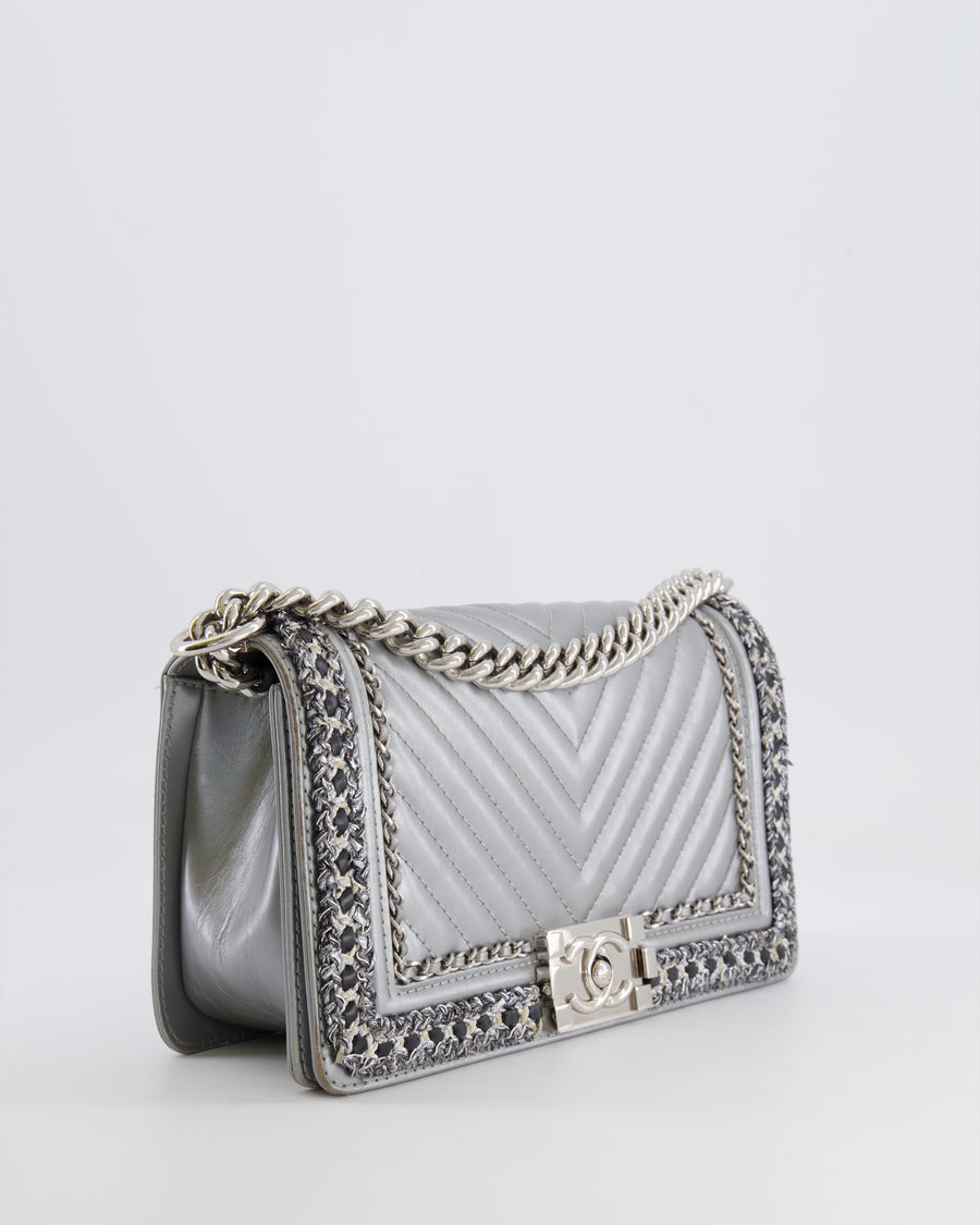 *FIRE PRICE* Chanel Silver Metallic Lambskin Medium Boy Bag with Tweed Detailing and Silver Hardware