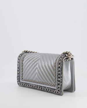 *FIRE PRICE* Chanel Silver Metallic Lambskin Medium Boy Bag with Tweed Detailing and Silver Hardware