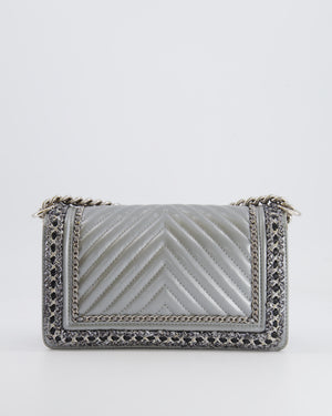 *FIRE PRICE* Chanel Silver Metallic Lambskin Medium Boy Bag with Tweed Detailing and Silver Hardware