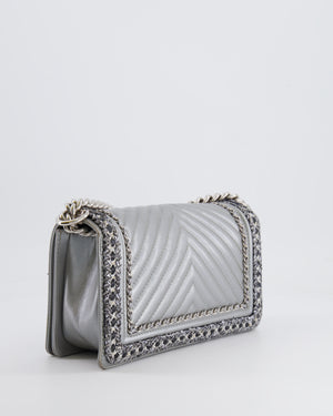 *FIRE PRICE* Chanel Silver Metallic Lambskin Medium Boy Bag with Tweed Detailing and Silver Hardware