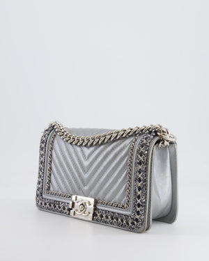 *FIRE PRICE* Chanel Silver Metallic Lambskin Medium Boy Bag with Tweed Detailing and Silver Hardware