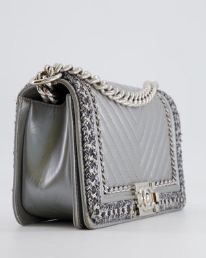 *FIRE PRICE* Chanel Silver Metallic Lambskin Medium Boy Bag with Tweed Detailing and Silver Hardware