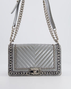 *FIRE PRICE* Chanel Silver Metallic Lambskin Medium Boy Bag with Tweed Detailing and Silver Hardware