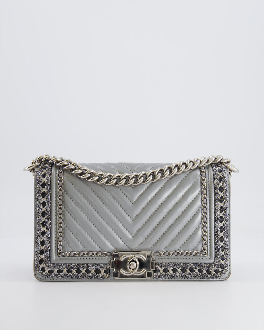 *FIRE PRICE* Chanel Silver Metallic Lambskin Medium Boy Bag with Tweed Detailing and Silver Hardware