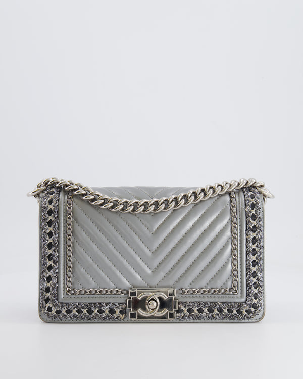 *FIRE PRICE* Chanel Silver Metallic Lambskin Medium Boy Bag with Tweed Detailing and Silver Hardware