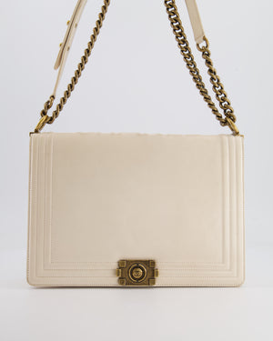 *FIRE PRICE* Chanel Ivory Large Boy Bag in Lambskin Leather with Antique Gold Hardware