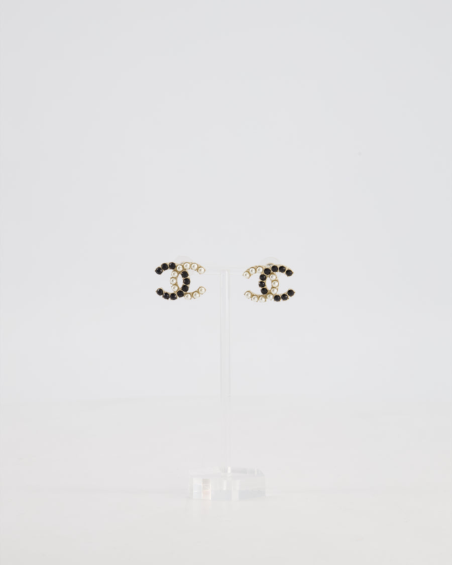 Chanel 20B Champagne Gold CC Earrings with Black & White Pearls