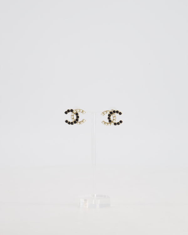 Chanel 20B Champagne Gold CC Earrings with Black & White Pearls