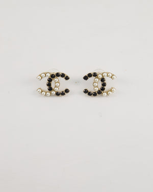 Chanel 20B Champagne Gold CC Earrings with Black & White Pearls