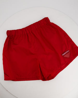 Prada Red Nylon High-Waist Shorts with Leather Plaque Detail Size IT 40 (UK 8)