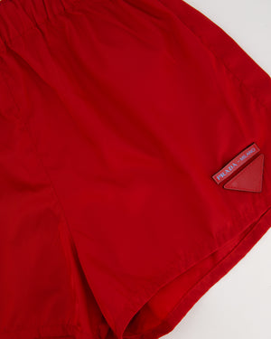 Prada Red Nylon High-Waist Shorts with Leather Plaque Detail Size IT 40 (UK 8)