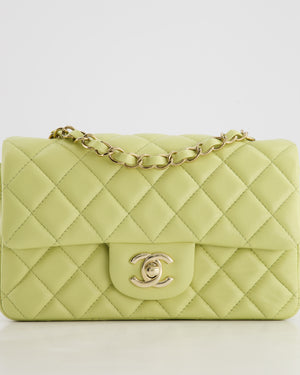 Chanel Pastel Lime Green Mini Rectangular Classic Flap Bag in Lambskin Leather with Champagne Gold Hardware