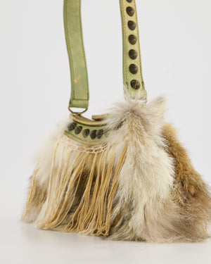 John Galliano Green Metallic Fur Tassel Bag with Stud Strap Detail