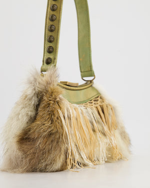 John Galliano Green Metallic Fur Tassel Bag with Stud Strap Detail