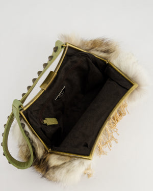 John Galliano Green Metallic Fur Tassel Bag with Stud Strap Detail