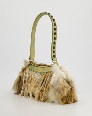 John Galliano Green Metallic Fur Tassel Bag with Stud Strap Detail