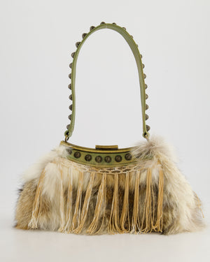 John Galliano Green Metallic Fur Tassel Bag with Stud Strap Detail