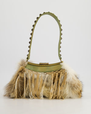 John Galliano Green Metallic Fur Tassel Bag with Stud Strap Detail