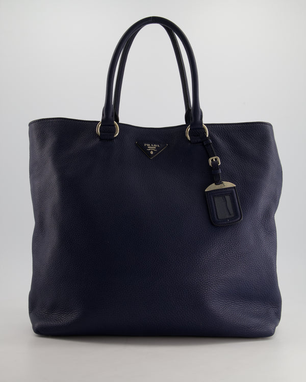 Prada Navy Vitello Daino Square Tote Bag with Silver Hardware