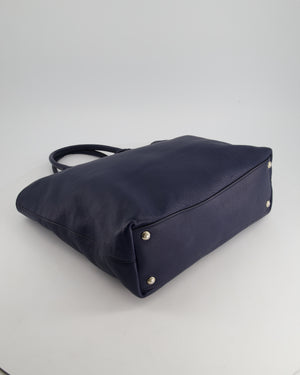 Prada Navy Vitello Daino Square Tote Bag with Silver Hardware