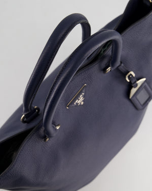 Prada Navy Vitello Daino Square Tote Bag with Silver Hardware