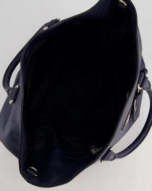 Prada Navy Vitello Daino Square Tote Bag with Silver Hardware