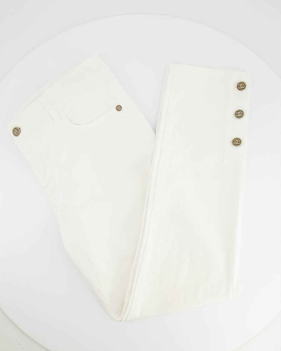 Chanel White Straight-Leg Denim Jeans with Gold CC Logo Buttons FR 40 (UK 12)