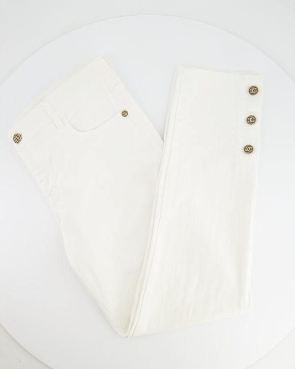 Chanel White Straight-Leg Denim Jeans with Gold CC Logo Buttons FR 40 (UK 12)