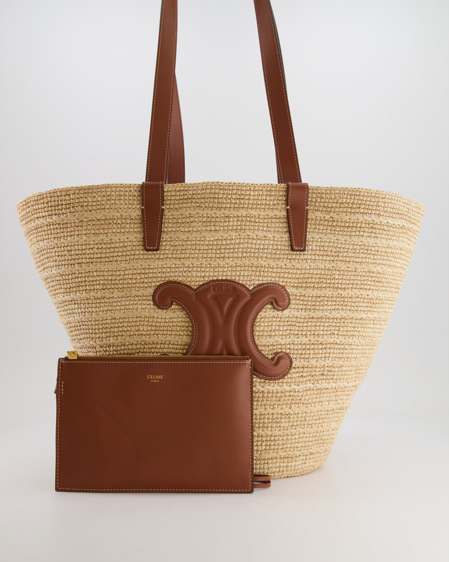 Celine Medium Supple Classic Panier Tote Bag in Raffia and Calfskin Leather with Tan Logo RRP £1,700