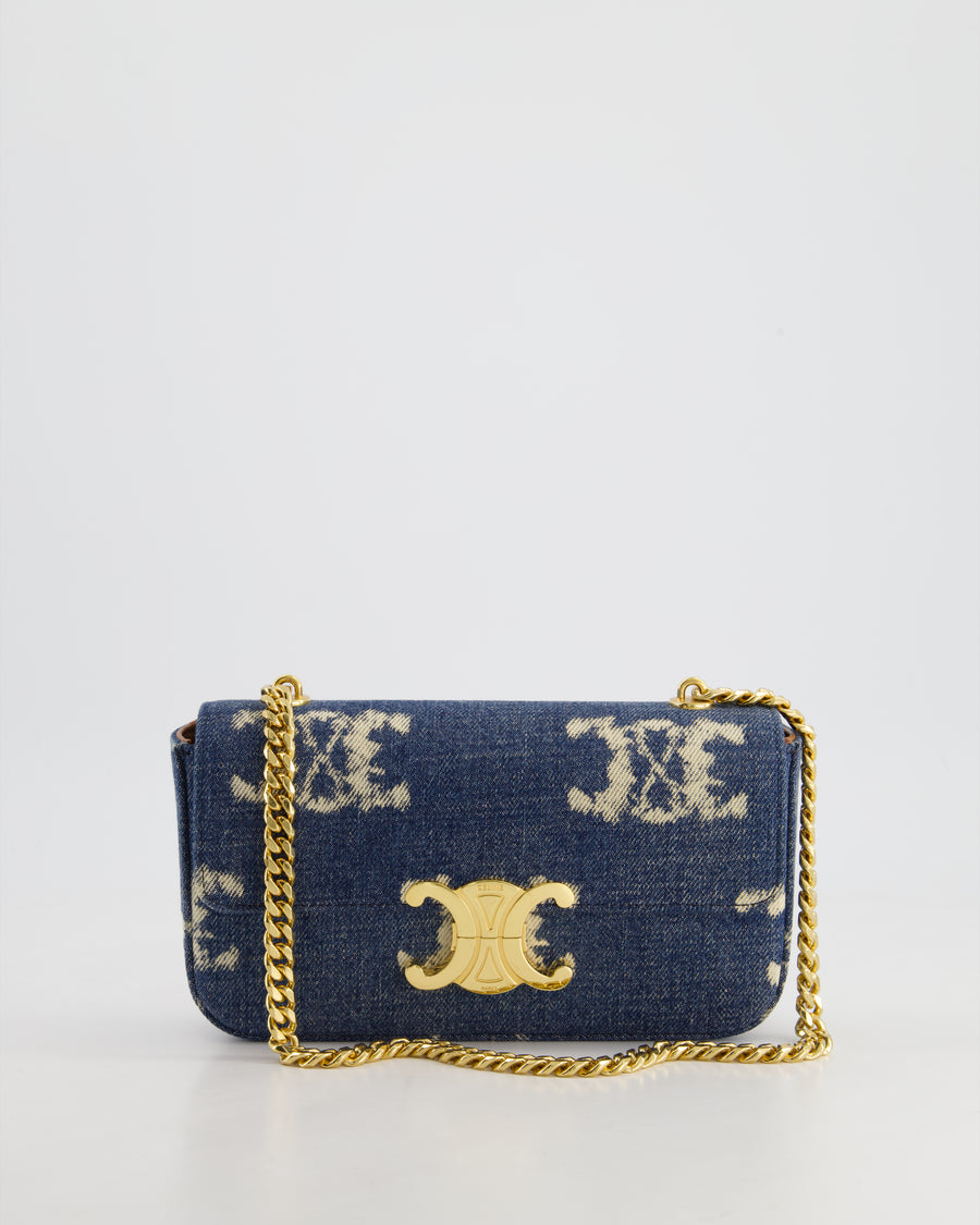 Celine Denim Blue Triomphe Shoulder Bag in Fabric with Gold Hardware RRP £2150