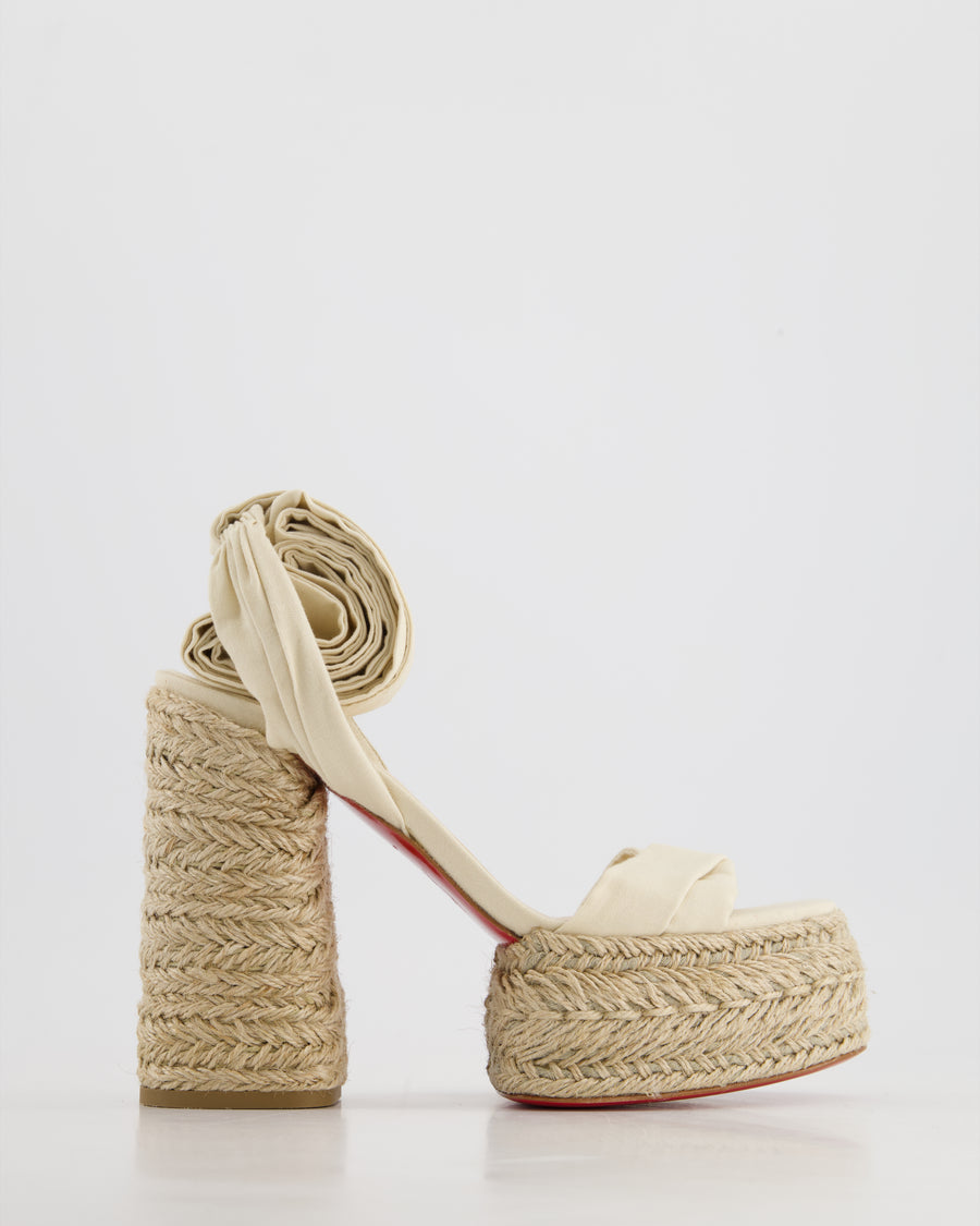 Christian Louboutin Cream Mariza Du Dezert Straw Heels with Cotton Ankle Wrap Size EU 37