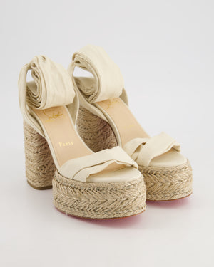 Christian Louboutin Cream Mariza Du Dezert Straw Heels with Cotton Ankle Wrap Size EU 37