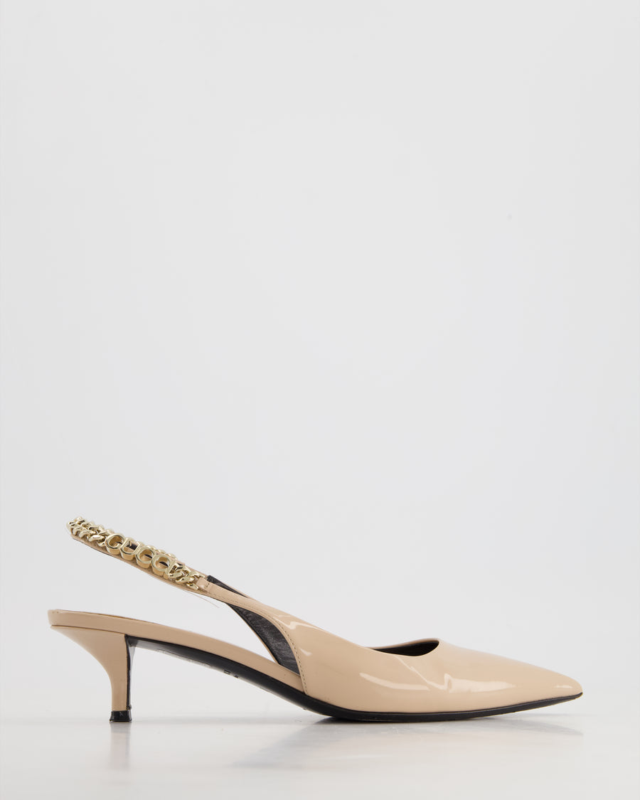 Gucci Nude Patent Leather Signorina Slingback Pumps Heels with Champagne Gold Logo Chain Strap Size EU 37 RRP £840