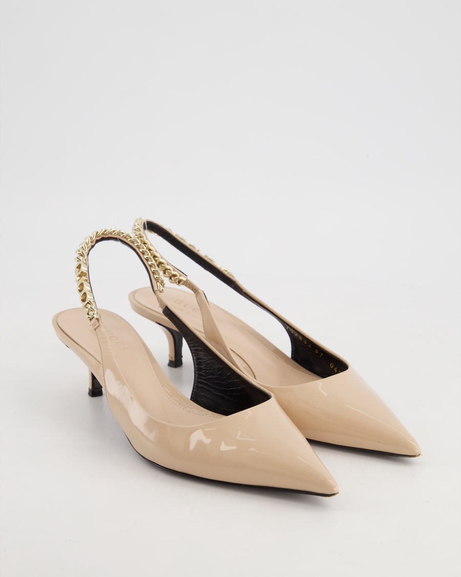 Gucci Nude Patent Leather Signorina Slingback Pumps Heels with Champagne Gold Logo Chain Strap Size EU 37 RRP £840