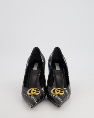 Gucci x Balenciaga Black Leather Heels with Printed Logo and Gold GG Detail Size EU 37