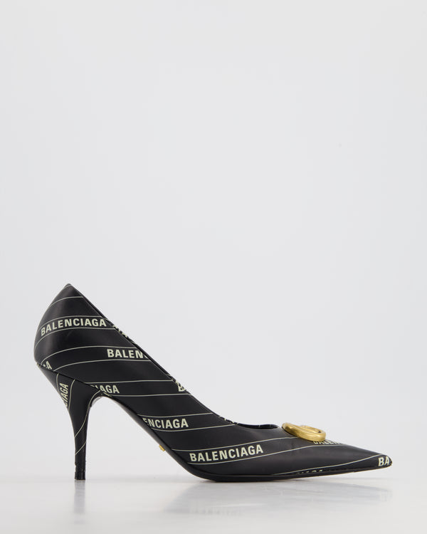 Gucci x Balenciaga Black Leather Heels with Printed Logo and Gold GG Detail Size EU 37